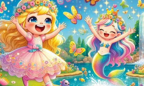 La principessa Lulù, una ragazza di circa 10 anni, ha capelli dorati brillanti come il sole e occhi blu profondo. Ride gioiosamente, circondata da piccole farfalle colorate che danzano intorno a lei. Lulù indossa un vestito rosa pastello decorato con fiori scintillanti e sta correndo verso un laghetto scintillante. Accanto a lei c'è Mimi, una sirena di circa 12 anni, con una pinna arcobaleno e un cappello a forma di stella marina. Ride mentre mostra a Lulù i pesci che saltano fuori dall'acqua. Il contesto è un giardino magico, pieno di fiori cantanti dai colori vivaci, alberi dai tronchi dorati e una cascata scintillante che si getta in un laghetto dai riflessi cangianti. La scena principale mostra Lulù e Mimi che si divertono insieme, circondate da bolle colorate che fluttuano nell'aria, mentre pesci fanno capriole nell'acqua, creando un'atmosfera di gioia e magia.