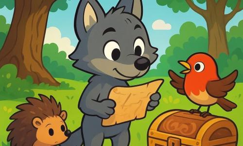 Een kleine wolf genaamd Lupo, met een zachte grijze vacht en nieuwsgierige sprankelende ogen, staat op zijn achterpoten met een vastberaden blik. Hij kijkt naar een opgerolde oude kaart die hij in zijn voorpoten houdt, zijn uitdrukking is zowel opgewonden als geïntrigeerd. Naast hem zingt een levendige roodborst met een rode borst en een ondeugende blik vrolijk, zijn vleugels iets geopend, klaar om hem op avontuur te begeleiden. Een klein egeltje met bruine stekels en een verlegen uitstraling schuift achter Lupo, zijn ronde ogen verraden zowel angst als enthousiasme. De scène speelt zich af in een zonnige open plek, omringd door majestueuze bomen met stralend groene bladeren en kleurrijke bloemen die eromheen groeien. In het midden staat een grote knoestige eik die een oude houten doos herbergt, versierd met delicate patronen en half in de grond begraven, glinsterend onder de zonnestralen. Lupo en zijn vrienden ontdekken de mysterieuze doos, benieuwd naar de verborgen schat die deze zou kunnen bevatten, wat een sfeer van opwinding en mysterie creëert.