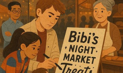Milo, gentle focused face, messy light-brown hair, ink-stained beige jacket, holds a black brush-pen and adjusts the shadow of the lettering on a large cream sign reading Bibi’s Night Market Treats on a wooden easel; Mrs. Bibi (50–60), fair skin, gray hair in a bun, flour-dusted apron, smiles proudly behind her bakery cart to the right; Noor (≈15), tan, ponytail, colorful jacket, leans forward with hands on her knees watching the sign to Milo’s left; Mr. Chen (40–50), Asian, thin glasses, rolled-up sleeves, stands back nodding; a small boy (5–6) with sticky pastry cheeks points at the word “Treats” in wonder; lively night market with orange-gold lanterns, fabric banners, wooden stalls, string lights, wet cobbles reflecting lanterns, textured paper, ink splotches turned into stars, blurred customer silhouettes, warm artisanal slightly magical atmosphere.