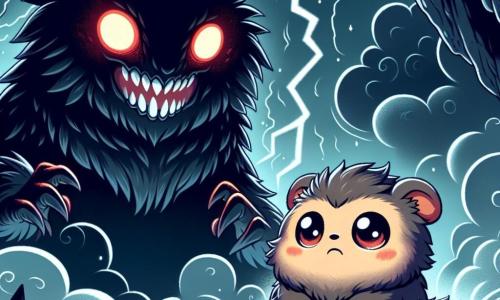Nibbles, a small rodent with sparkling eyes and soft fur, stands at the edge of a dark cliff, his heart racing. He shows an expression of determination mixed with slight fear, his little paws trembling as he faces his dark double, a massive creature with glowing red eyes and ruffled fur, roaring with a thunderous voice. The dark double, representing Nibbles' fear, looms behind him, threatening and imposing, with an aggressive stance, while shadows swirl around like ghosts in a storm. The setting is a dark labyrinth with cold stone walls, dancing shadows, and eerie echoes creating an atmosphere of tension and mystery. The main scene shows Nibbles, brave, challenging his terrifying reflection, ready to confront his fears, as lightning streaks across the stormy sky above him, symbolizing the inner battle he faces.