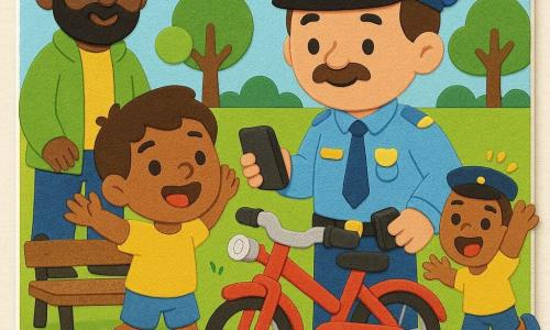 Um policial sorridente e afável de uns 50 anos, rosto redondo e bigode fino, uniforme azul‑claro com galões dourados e boina, segurando uma pequena bicicleta vermelha com campainha e um telemone, postura calma, enquanto o menino João, 7 anos, cabelo castanho curto, rosto alegre, camiseta amarela e bermuda azul, corre a braços erguidos para ele à direita; atrás e à esquerda, o pai na casa dos 40, barba curta e casaco verde‑claro, sorri segurando a mão do filho; parque simples e colorido com banco de madeira, relva verde‑clara, árvores arredondadas com folhas em forma de gommette, céu azul‑pálido e nuvens fofas; cena centrada e calorosa em que o policial devolve a bicicleta ao menino, cores vivas, contornos grossos, texturas de EVA visíveis, atmosfera reconfortante e alegre.