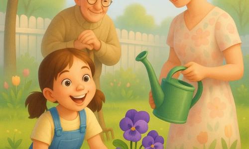O fetiță de 10 ani, veselă, cu părul brun prins în două cozi, în tricou galben pal și salopetă din denim, ghemuită plantând panseluțe violete într-un ghiveci de lut, cu mâini murdare și zâmbet larg; lângă ea, mama (~35 ani) cu părul castaniu deschis prins în coc, în rochie cu flori, ținând un stropitor verde și privindu‑o cu tandrețe; puțin în spate, vecinul în vârstă, domnul Ion (~70 ani), cu fața ridată, ochelari rotunzi, pulover bej și șapcă, sprijinit de un mic greblă, zâmbind. Fundal: grădină de curte primăvara — gazon verde, borduri cu muguri și lalele mici roz și galbene, gard de lemn alb uzat și un măr cu boboci; lumină blândă de dimineață, umbre lungi. Atmosferă caldă de plantare, culori vii dar delicate, texturi netede, contururi rotunjite.