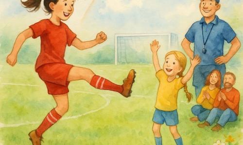 Mulher jovem jogadora de futebol, sorriso, olhos brilhantes, cabelo castanho em rabo de cavalo, uniforme vermelho e meias listradas, levantando a perna para centrar a bola; menina de ~12 anos de cabelo loiro em trança, braços erguidos na pequena área, recebendo a trajetória; treinador homem ~40 anos com boné azul e apito, mãos na cintura na borda do campo, encorajador; dois pais sentados na relva a aplaudir; grande campo verde com linhas brancas aquareladas, baliza ao fundo, céu azul com nuvens, flores selvagens na beira; bola descrevendo arco luminoso com respingos aquarela ao longo do trajeto, cena dinâmica e alegre de jogo em equipe.