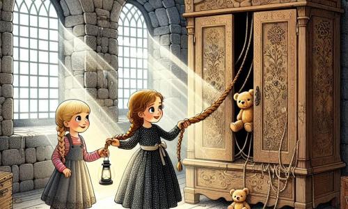In een oud en mysterieus landhuis verkennen twee meisjes, Anna en Emma, een donkere kamer. Anna, een 8-jarig meisje met blonde vlechten en sprankelende ogen, staat links met een zaklamp die de weg verlicht. Emma, ook 8 jaar oud, heeft krullend bruin haar en draagt een jurk met stippen, zij staat rechts en trekt voorzichtig aan een touwtje dat uit een grote houten kast komt. Het landhuis is vol stof en spinnenwebben, met grijze stenen muren en gebroken ramen die mysterieuze lichtstralen binnenlaten. In het midden van de kamer staat een grote antieke houten kast met verfijnde patronen, en een versleten tapijt bedekt de vloer. De hoofdactie toont Anna en Emma die een geheim ontdekken: door aan het touwtje te trekken, openen ze de kast en onthullen een schattige glimlachende teddybeer, klaar om hun nieuwe vriend te worden.