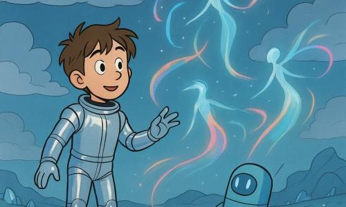 Um jovem, Rui Salgado, com cabelos castanhos despenteados e olhos brilhando de curiosidade, está em pé no solo de um novo mundo. Ele veste um traje espacial prateado que reflete a luz ao redor, e observa maravilhado as criaturas luminosas ao seu redor. Ao lado dele, um robô chamado Fio, de pequeno porte e forma cilíndrica, flutua levemente acima do chão, seus sensores emitindo um suave brilho azul. As criaturas, os Nómadas do Ar, parecem silhuetas esbeltas feitas de vidro e vento, emitindo rastros de luz colorida no ar. A paisagem é um campo vasto e ondulante, coberto de cristais cintilantes e nuvens prateadas flutuando baixas. A cena principal mostra Rui e Fio comunicando-se com os Nómadas, seus gestos e luzes criando uma dança harmoniosa de cores no ar.