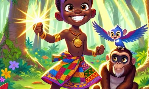 Kofi, um jovem de cerca de 12 anos, está no centro do palco, com um largo sorriso cheio de excitação e ousadia. Ele tem pele morena, cabelos crespos e usa um pano colorido com padrões africanos vibrantes. Na sua mão, ele segura um amuleto brilhante que brilha sob a luz do sol. Ao seu lado, Makoko, um velho macaco sábio, está empoleirado em um galho baixo, olhando Kofi com orgulho. Kiki, um pequeno pássaro azul vivo, voa ao redor de Kofi, suas asas batendo alegremente. A cena ocorre em uma floresta exuberante, com árvores majestosas e raios de sol filtrando pelas folhas, criando padrões de luz no chão coberto de folhas. Kofi, cercado por seus amigos animais, descobre o amuleto mágico ao pé de uma grande árvore, símbolo da sabedoria da floresta. A atmosfera é cheia de energia e esperança, ilustrando o início de uma grande aventura.
