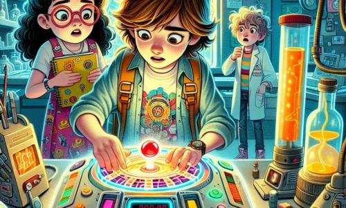 În centrul imaginii, Ana, o fată de 11 ani cu părul lung și brunet și ochelari rotunzi, se apleacă peste o mașină a timpului, un dispozitiv futurist cu culori vii, butoane luminoase și ecrane clipește. La dreapta ei, un băiat de aceeași vârstă, pe nume Alex, cu părul blond ciufulit și un tricou cu modele de roboți, o observă cu curiozitate, având ochii mari. La stânga, Maria, o fată cu părul negru și buclat, îmbrăcată într-o rochie colorată, ține un carnet și ia notițe despre descoperirile pe care le fac împreună. Laboratorul este plin de invenții ciudate, cu tuburi de încercare și gadgeturi futuriste, iar o fereastră mare lasă să pătrundă lumina, dezvăluind un cer albastru și copaci verzi afară. Situația principală o arată pe Ana apăsând un buton roșu al mașinii, înconjurată de prietenii ei, în timp ce un vârtej de lumină începe să-i învăluie, simbolizând călătoria lor iminentă în timp spre un viitor misterios și fascinant.
