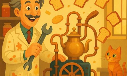 Un inventator de circa 50 de ani, păr cenușiu zburlit, mustață subțire, zâmbet uimit, poartă o halat colorat pătat cu gem, ține o cheie franceză mare și apasă un buton roșu al unei mașinării; o pisicuță roșcată pe nume Mimi, femelă cu ochi verzi, stă pe o felie de pâine pe o masă la dreapta și privește curios, dând din coadă. Mașina ciudată e alcătuită dintr-un ceainic vechi lucios, o roată de bicicletă din lemn, țevi de cupru curbate și o polonă de lemn ca braț; felii de pâine cu gem zboară în arce. Atelier-bucătărie luminos, pereți cu rafturi de lemn și borcane cu gem colorat, firimituri pe podeaua cu gresie, ferestre rotunjite cu lumină aurie. Situație principală: mașina scuipă și propulsează felii de pâine cu gem în salturi vesele, bărbatul râde, pisica e surprinsă dar amuzată; atmosferă jucăușă, culori vii, forme geometrice clare, texturi de lemn și metal vizibile, compoziție centrată pe mașină și personaje, stil art deco pentru copii.