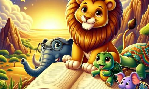 Un joven león de pelaje dorado, con una magnífica melena que brilla al sol, se encuentra orgullosamente en la cima de una montaña mágica, con una mirada decidida y confiada. Sonríe, lleno de emoción, sosteniendo un gran libro abierto con sus patas, mientras estrellas brillan en el cielo nocturno. A su lado, una tortuga sabia con un caparazón adornado de patrones coloridos y gafas redondas, observa atentamente las páginas del libro, con ojos llenos de curiosidad. Un elefante alegre, con grandes orejas y la trompa en alto, está un poco atrás, sonriendo y listo para escuchar las historias que el león va a contar. El escenario es una montaña majestuosa, con rocas escarpadas y flores brillantes que crecen entre las grietas, mientras que abajo, la sabana se extiende hasta donde alcanza la vista, bañada en una luz dorada al atardecer. La situación principal muestra al león, rodeado de sus amigos, listo para compartir las historias del libro mágico, simbolizando la amistad y la sabiduría, mientras todos los animales de la sabana se reúnen a su alrededor, ansiosos por escuchar.