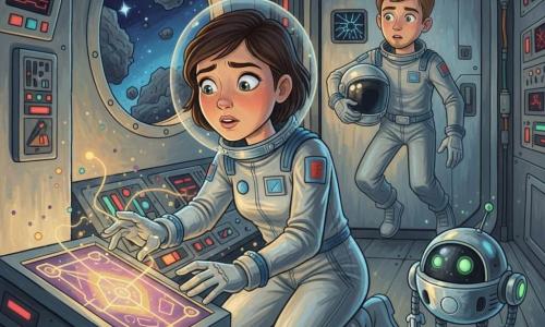 Ana es una ingeniera espacial concentrada y emocionada, ojos grandes y brillantes, cejas fruncidas de asombro, pelo corto castaño oscuro bajo un casco ligero; lleva un traje espacial gris plateado con destellos azules, agachada frente a un aparato alienígena brillante, tocando delicadamente un panel luminoso que pulsa en patrones geométricos. Un joven técnico humano de unos 25 años, tez clara y barba incipiente, con casco bajo el brazo, flota de fondo junto a una puerta sellada observando con curiosidad. Un pequeño robot asistente redondo y cromado parpadea con luces verdes junto a Ana, proyectando una luz suave sobre el suelo metálico. Interior: estrecha sala de control de metal cepillado con paneles retrofuturistas, cables de colores, pantallas agrietadas mostrando datos rojos y azules y un gran ojo de buey que muestra un campo de asteroides y estrellas lejanas. El contacto: el dispositivo alienígena, orgánico y geométrico, emite ondas lumínicas violetas y doradas con partículas flotando en el aire; la energía parece danzar alrededor de Ana mientras intenta comunicarse. Estilo: pintura acrílica, colores vivos, texturas gruesas, pinceladas visibles, ambiente misterioso y cálido.