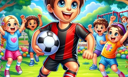 Un uomo, Marco, è al centro dell'immagine, sorridente con occhi scintillanti di gioia. Indossa una maglietta da calcio rossa e nera, con pantaloni corti neri e scarpe da ginnastica bianche. Marco sta dribblando un pallone da calcio, i suoi capelli castani leggermente in disordine, mostrando il suo entusiasmo. Intorno a lui ci sono diversi bambini. Una ragazza di 8 anni, con capelli biondi intrecciati, applaude saltando di gioia, indossando una maglietta blu e pantaloni corti rosa. Un ragazzo di 7 anni, con occhiali e capelli castani arruffati, cerca di prendere il pallone ridendo con un grande sorriso. Un'altra ragazza di 9 anni, con capelli ricci e una fascia viola, alza le braccia in aria, incoraggiando Marco. Il luogo è un parco verde, pieno di alberi con foglie brillanti e un cielo azzurro chiaro. Si possono vedere fiori colorati intorno all'area giochi, e altri bambini che giocano in lontananza sulle altalene. La scena principale mostra Marco che gioca a calcio con i bambini, tutti ridendo e divertendosi insieme, creando un'atmosfera gioiosa e amichevole.