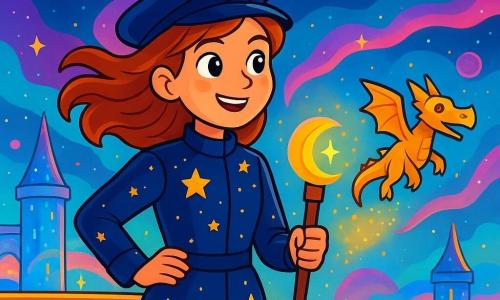 Una donna, il Capitano Lira, si erge fiera su una terrazza di una torre scintillante, i suoi capelli color rame che fluttuano nel vento. Indossa un'uniforme blu notte decorata con stelle brillanti, e il suo volto esprime una determinazione gioiosa, con occhi scintillanti di curiosità. Accanto a lei, un piccolo drago di carta, con scaglie dorate, vola allegramente, lasciando dietro di sé una scia di polvere di stelle. Il luogo è una terrazza panoramica che sovrasta un paesaggio di pianeti colorati e nebulose vorticosi, dove ponti di cristallo collegano torri scintillanti. La scena principale mostra Lira, con una cassa misteriosa, circondata da luci vibranti e scintillii magici, pronta ad affrontare una tempesta di colori che si avvicina all'orizzonte.