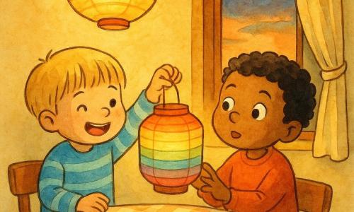 Due bambini di 3 anni, Amin (capelli neri ricci, pelle abbronzata) e Leo (capelli biondi corti, pelle chiara, maglione a righe blu), stanno insieme tenendo una lanterna di carta che lampeggia leggermente, aspettano l'iftar vicino a un tavolo rotondo di legno con tovaglia a quadretti, tazze e datteri in una piccola cucina calda al crepuscolo con finestra aperta su un cielo arancione, tende leggere, pareti giallo pallido e lanterna sospesa che diffonde luce morbida, atmosfera tenera e calma, colori caldi ed espressioni gioiose e curiose.