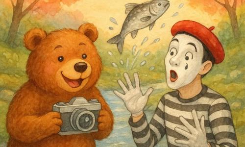 Un orso bruno rotondo e soffice, sorriso gioioso, tiene una vecchia macchina fotografica e ride chinandosi sul ruscello; accanto a lui un mimo adulto con volto truccato di bianco, costume a righe e berretto rosso, è sorpreso e bagnato da un piccolo pesce argentato che salta e spruzza acqua; ruscello stretto con sponde di pietre e muschio e alberi dalle foglie arancioni e rosa al tramonto, atmosfera calda e divertente con un istante di splash immortalato nella foto.
