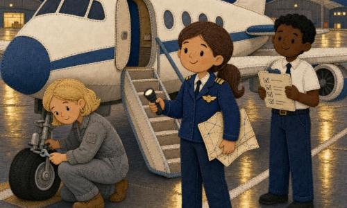 Una piloto sonriente y serena, cabello castaño recogido en cola, chaqueta azul con insignia, sostiene una linterna y un plano junto a la puerta del avión; a su izquierda, Marta, mecánica de unos 30 años, pelo corto rubio y mono gris, agachada revisando una rueda; a la derecha, Tomás, miembro de la tripulación de unos 25 años con camisa blanca, sostiene una checklist y sonríe; aeropuerto nocturno con suelo reflectante, farolas amarillas, líneas pintadas y hangares difuminados; escena de preparación para el vuelo, luz cálida y ambiente de seguridad.