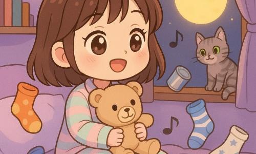 Luna, menina de 10 anos, sorridente e sonhadora, cabelo castanho médio com franja, olhos grandes e brilhantes, em pijama listrado pastel, sentada na cama cantando suavemente enquanto segura um ursinho de pelúcia bege com olhos costurados pretos; um gato vizinho tigrado cinza de olhos verdes observa da janela, derrubando uma pequena lata brilhante; meias coloridas (uma laranja com bolinhas, uma azul listrada, uma branca com estrelas) flutuam ao redor como se dançassem; quarto pequeno e acolhedor com paredes lavanda, prateleiras com livros, uma guirlanda de luzes amarelas, cobertor de pelúcia e cortina semitransparente pela qual entra a lua cheia; cena ao crepúsculo, cores pastel saturadas, luzes quentes, sombras suaves e expressões de estilo chibi.