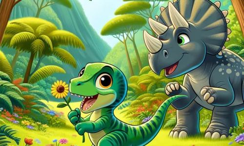 Un pequeño velociraptor llamado Rápido, con plumas verdes y amarillas brillantes, está saltando alegremente en medio de un bosque exuberante, su cara radiante de emoción y curiosidad. A su lado, un triceratops amigable llamado Trixie, con tres grandes cuernos y piel gris, sonríe sosteniendo una hermosa flor amarilla en su boca, manteniéndose un poco atrás para admirar a Rápido. El escenario es una jungla prehistórica vibrante, llena de grandes árboles de troncos gruesos, helechos exuberantes y flores coloridas que florecen bajo un cielo azul claro. La escena principal muestra a Rápido y Trixie buscando flores juntos, Rápido saltando con entusiasmo y Trixie inclinándose para recoger una flor, creando un ambiente lleno de alegría y amistad.