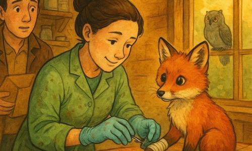 Mara, veterinară, expresie blândă şi concentrată, părul castaniu prins în coc, poartă halat verde puţin murdărit şi, cu mănuşi, scoate delicat o spină dintr-o labă bandajată a unei vulpi ruginite tinere aşezate pe o pătură caldă în centrul mesei; Radu, în jur de 30 de ani, îngrijorat dar admirativ, ţine o cutie de carton deschisă lângă masă şi priveşte uşor retras; o bufniţă cu penaj gri şi ochi galbeni stă pe pervazul ferestrei; cabana veterinară la marginea pădurii, lemn brut, rafturi cu borcane şi bandaje, lampă caldă suspendată, lumină aurie care pătrunde pe fereastră; atmosferă calmă şi intimă, paletă caldă (ocre, verzi, rugină), accent pe mâinile veterinarului şi pe labă bandajată.