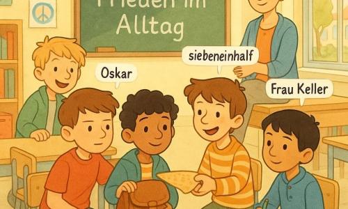 Sechs Personen: Ben, etwa 7, braune kurze Haare, ernster aber wohlwollender Blick, sitzt vorne links leicht zu Sami geneigt; Sami, etwa 7, schwarze lockige Haare, oliv, schüchternes aufleuchtendes Gesicht, in der Mitte mit Schultasche, bekommt ein Stück Crêpe; Oskar, etwa 7, Sommersprossen, blonder strubbeliger Haarschopf, steht hinter Ben lächelnd, Hand am Spindgriff; Milan, etwa 7, kastanienbraun, verschmitzt, sagt siebeneinhalb, reicht eine große geteilte Crêpe; Yusuf, etwa 7, glattes schwarzes Haar, neugierig, sitzt neben Milan mit Heft und Stift; Frau Keller, Lehrerin, 35–45, Dutt, sanftes Gesicht, sitzt auf der Tischkante hinter der Gruppe und klatscht leise. Raum: helle Klasse mit blassgelben Wänden, bunten Postern und Kinderzeichnungen, großer Tafel mit der Aufschrift Projekt: Frieden im Alltag, Reihen heller Holztische, Leseecke, Garderobenhaken und Fenster zum sonnigen Schulhof. Szene: Kinderkreis, der einen neuen Schüler aufnimmt — Teilen einer Crêpe, warme Blicke, schüchterne zu vertrauensvollen Lächeln, ruhige warme Aquarellstimmung im sanften Morgenlicht.