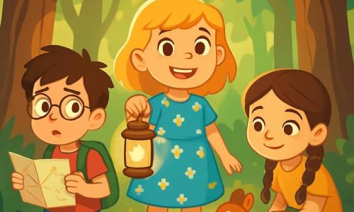 Clara, an 8-year-old girl with golden hair and sparkling eyes, stands at the center of the scene, a determined smile on her face. She wears a blue floral dress and holds a shimmering lantern in her hand. Next to her, Emilio, a 9-year-old boy with messy brown hair and round glasses, looks around anxiously, holding a paper map. Sasha, an 8-year-old girl with brown hair in neat braids, gently pets a small squirrel that approaches them, a sweet smile on her lips. The scene takes place in a dense forest with majestic trees rising towards the sky, their green leaves forming a natural canopy. Rays of light filter through the branches, creating golden patterns on the leaf-covered ground. The three friends stand at the edge of the forest, ready to enter the unknown, their hearts beating in unison as they prepare to uncover the truth about the Big Bad Wolf, surrounded by mystery and adventure.