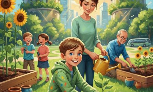 An enthusiastic smiling 8-year-old boy with short light brown hair and bright blue eyes kneels planting a seedling with slightly dirty hands; beside him stands his ~35-year-old mother with brown hair in a bun, a gentle smile, holding a yellow watering can and looking kindly at him; about a few steps away kneels Mr. Green, ~50, round glasses and a blue shirt, digging a small furrow behind a row of plants; to the left two laughing 8-year-old children, a boy and a girl, water planted sunflowers with small gardening tools. The scene is a lively community planting day in a warm-toned futuristic urban park with a light paved path, green lawn, vegetated towers, a sleek solar bus in the distance, wooden planters of dark soil and colorful pots, golden sunlight, bright paint splashes on clothes, collective planting gestures and a joyful optimistic mood, rendered in a textured acrylic painting style with visible brushstrokes and a saturated palette of greens, ochres and blues.
