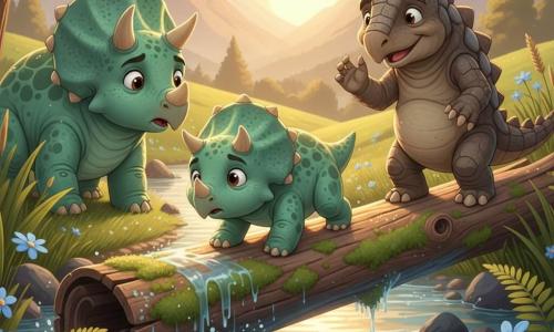 A young triceratops named Tino, with a round face and short horns, looks focused and slightly anxious; mint-green textured skin with lighter flank spots and wide shiny eyes, he cautiously crosses a slippery moss-covered log above churning water in a low, wide-legged stance for balance. Ollo, an old wise ankylosaurus with rough brown-gray armor, a clubbed tail and gentle eyes, stands on the far side of the log with a raised foot in encouragement, calmly smiling. The mother triceratops, larger and protective, waits on the opposite bank with her nose toward Tino, relieved and loving, partly hidden by tall grasses. The setting: a clear river with morning golden reflections, tall ferns and blue flowers on the bank, distant grassy hills and snowy peaks; wet log with sparkling drops. Main moment: tension and courage as the young triceratops crosses while Ollo encourages and the mother anxiously waits, warm light and vivid colors focusing on effort and support.