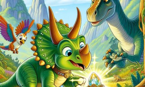 Un tricératops di nome Tito, con una pelle verde brillante e tre corna lucenti sulla fronte, esprime grande curiosità e meraviglia mentre scopre un artefatto misterioso che brilla tra le foglie. Accanto a lui, Lila, un agile velociraptor con piume colorate e occhi scintillanti, salta dall'emozione, mentre Bruno, un enorme brontosauro dal lungo collo e pelle bluastro, osserva con un sorriso benevolo, chinandosi per vedere meglio l'oggetto. La scena si svolge nella magnifica Valle dei Giganti, circondata da maestose montagne, grandi alberi dai tronchi spessi e fiori brillanti che colorano il suolo. Tito, Lila e Bruno sono insieme, affascinati dall'antico artefatto che emette una dolce luce, simbolo dell'inizio di un'avventura magica.