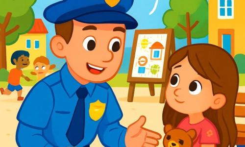 Een glimlachende en zelfverzekerde mannelijke politieagent in een felblauw uniform met een pet, heeft sprankelende ogen vol vastberadenheid en een glanzende badge op zijn borst. Hij zit op zijn hurken en praat met een meisje van ongeveer 6 jaar oud, dat lange bruin haar heeft en een roze jurk met bloemenpatronen draagt. Ze houdt een klein knuffelbeer vast en kijkt de politieagent aan met hoopvolle ogen. De scène speelt zich af op een levendig plein, omringd door kleurrijke gebouwen en houten banken. Kinderen spelen rondom, en groene bomen bieden schaduw. In het midden van het plein staat een groot informatiebord met kindertekeningen. De politieagent helpt het meisje haar verloren knuffelbeer terug te vinden en belooft dat ze samen gaan zoeken. De sfeer is vrolijk en vol enthousiasme, met zwevende ballonnen en het gelach van kinderen op de achtergrond.