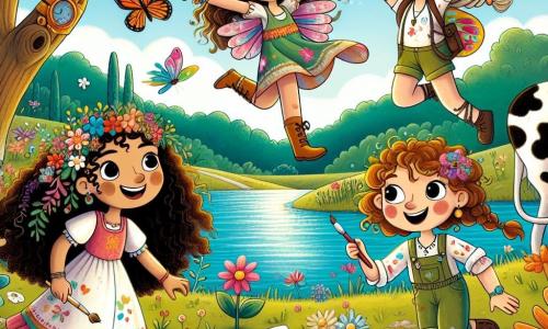 Em um canto ensolarado da Vila do Sorriso, quatro meninas estão perto de um lago cintilante. Lúcia, uma menina de 10 anos com cabelos longos e cacheados, usa um vestido colorido e asas de borboleta, flutuando alegremente. Ao lado dela, Ana, uma menina de 9 anos com cabelos curtos e lisos, corre rapidamente com um grande sorriso, braços abertos como se estivesse voando. Mariana, de 10 anos e cabelos trançados, está em uma árvore, desenhando folhas coloridas em um caderno. Por fim, Bia, uma menina de 9 anos com cabelos cacheados e roupa de aventureira, levanta uma vaca rindo, cercada por bolhas de leite. O lago é rodeado de flores vibrantes e grandes árvores, sob um céu azul com nuvens fofas. Peixes coloridos saltam da água, fazendo respingos alegres, enquanto pássaros cantam melodias divertidas. Lúcia faz um desejo segurando um medalhão brilhante, desencadeando uma explosão de magia que transforma a cena em algo hilário e colorido, repleto de risadas e surpresas.