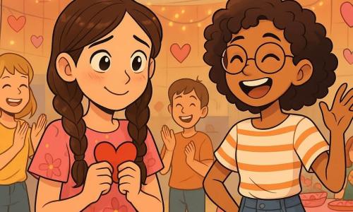 Una niña de 12 años, Clara, con largos cabellos castaños trenzados, ojos llenos de curiosidad y una sonrisa tímida, se encuentra en el centro del escenario, rodeada de corazones de papel coloridos. Lleva un vestido rosa con motivos de flores y sostiene un pequeño corazón de papel en sus manos, su rostro irradia emoción y nerviosismo. A su lado, su mejor amiga Luna, también de 12 años, con cabello rizado y gafas redondas, la anima con una amplia sonrisa. Luna lleva una camiseta a rayas y una falda de mezclilla, gesticulando alegremente, lista para bailar. El decorado es un gimnasio adornado para la fiesta de San Valentín, con guirnaldas de corazones colgando del techo, globos rosas flotando en el aire y mesas decoradas con dulces coloridos. Luces centelleantes crean un ambiente cálido y festivo. La escena principal muestra a Clara y Luna preparándose para bailar frente a sus compañeros, con amigos reunidos alrededor aplaudiendo y sonriendo, mientras la música comienza a sonar, llenando el aire de alegría y anticipación.
