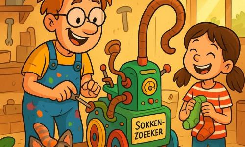 Een man, meneer Bram, is een blije uitvinder met tousled haar en ronde bril. Hij draagt een blauwe overall vol verf vlekken en een stralende glimlach op zijn gezicht. Hij is bezig met het knutselen van een bizarre machine, de Sokkenspeurmachine, die gekleurde wielen heeft en een lange slurf die lijkt te dansen. Naast hem staat een meisje van 10 jaar, Noor, met bruin haar in twee staarten en een gestreept t-shirt. Ze lacht terwijl ze naar de machine kijkt, met een paar sokken in haar handen. De plek is een kleine tuinwerkplaats, vol rommel: gereedschap, rollen papier en kartonnen dozen, met zonnestralen die door een vieze raam filteren. De hoofdscène toont meneer Bram en Noor die de Sokkenspeurmachine testen die net een sok heeft gevonden die onder een struik verstopt was, terwijl de kat, meneer Dons, plotseling wakker schrikt met een sok op zijn hoofd, wat een komisch tintje aan de scène toevoegt.