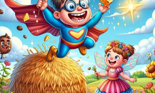 Ein männlicher Superheld namens Herr Wackel, in einem bunten blauen und roten Kostüm, mit runden Brillen und zerzausten Haaren, fliegt rückwärts mit einem großen Lächeln im Gesicht. Er ist von glitzernden Funken umgeben. Neben ihm schwingt die Glitzerfee, ein Mädchen mit schimmernden Flügeln und einem rosa Kleid, ihren Zauberstab und lässt magische Funken sprühen, während sie fröhlich in der Luft schwebt. Etwas weiter weg steht der Schokoladenmann, ein Mann mit einem lächelnden Gesicht und schokoladenfarbener Haut, der eine große Schokoladentafel hält und die Szene amüsiert beobachtet, während er auf einem Heuhaufen steht. Die Szene spielt auf einem sonnigen Feld voller bunter Blumen und einem großen Heuhaufen, unter einem blauen Himmel mit flauschigen weißen Wolken. Die Hauptsituation zeigt Herr Wackel, der versucht, rückwärts zu fliegen, während er mit Käsestücken jongliert, während die Glitzerfee und der Schokoladenmann ihn anfeuern und eine fröhliche, komische Atmosphäre schaffen.