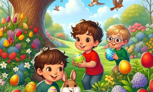 In een prachtige lentetuin zijn drie jongens druk bezig met het zoeken naar paaseieren. Max, een 7-jarig jongetje met bruin haar en sprankelende ogen, houdt een glanzend geel ei in zijn hand en glimlacht van oor tot oor. Naast hem leunt Sam, een 6-jarige jongen met krullend blond haar en een rode t-shirt, voorover om een blauw ei op te rapen dat verstopt ligt achter een bloem. Tot slot opent Leo, een 8-jarige jongen met een bril en kastanjebruin haar, een groen ei en is verwonderd over de verrassing die hij binnenin ontdekt. De tuin is gevuld met kleurrijke bloemen, terwijl vogels vrolijk in de bomen zingen. In het midden staat een majestueuze grote eik die schaduw en magie aan de scène biedt. De jongens zoeken naar verborgen eieren, lachen en moedigen elkaar aan, terwijl een grote vriendelijke paashaas hen vanuit achter de eik observeert, klaar om hen te verrassen met zijn verhalen en kleurrijke eieren.