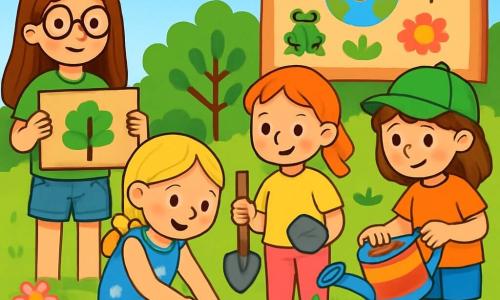 W ogrodzie szkolnym znajduje się czwórka dzieci: Ania, Basia, Kasia i Zosia. Ania, 8-letnia dziewczynka z długimi brązowymi włosami i okrągłymi okularami, trzyma tabliczkę z napisem "Chrońmy planetę". Basia, również 8-letnia, z blond warkoczem i niebieską sukienką w kwiaty, z entuzjazmem sadzi nasiona. Kasia, z rudymi włosami i piegami, trzyma łopatkę, gotowa do pomocy. Zosia, z brązowymi włosami i zieloną czapką, podlewa kwiaty. W ogrodzie pełno kolorowych kwiatów i drzew, a w tle widać drewniany znak z rysunkami zwierząt. Dzieci wspólnie pracują, ucząc się, jak ważna jest ochrona natury.
