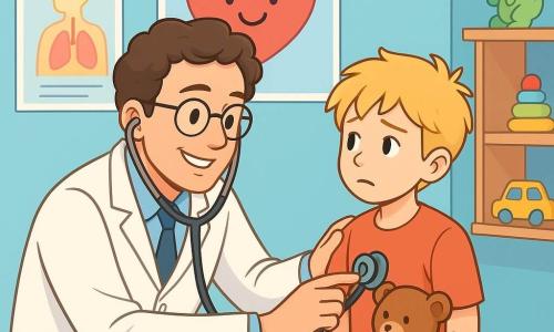El doctor Samuel es un hombre de unos cuarenta años, con cabello castaño ligeramente rizado y gafas redondas que le dan un aire amigable. Lleva una bata blanca impecable y un estetoscopio alrededor del cuello, mostrando una sonrisa cálida y reconfortante. Se está agachando frente a un niño, Hugo, de unos 8 años, con cabello rubio desordenado y una expresión preocupada en su rostro. Hugo sostiene un pequeño peluche en sus brazos, mientras Samuel le explica con calma lo que sucede con su salud. La escena tiene lugar en una sala de consulta luminosa, con paredes pintadas de azul pastel, carteles coloridos sobre la salud en las paredes y juguetes en una estantería. Un gran cartel de un corazón sonriente es visible detrás del doctor, añadiendo un toque alegre al ambiente. La situación principal muestra al doctor Samuel escuchando el corazón de Hugo con su estetoscopio, mientras el niño lo mira con curiosidad, sus preocupaciones desvaneciéndose poco a poco. La escena transmite una atmósfera de confianza y benevolencia, ilustrando la magia de la medicina y la importancia de la comunicación.