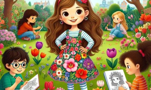 Una ragazza di 10 anni, Sofia, con lunghi capelli castani e occhi brillanti di curiosità, si trova in mezzo a un giardino fiorito, con un grande sorriso sul volto. Indossa un vestito colorato decorato con motivi floreali e tiene un piccolo quaderno in mano, dove annota le sue osservazioni sulle piante che crescono attorno a lei. Accanto a lei, Marco, un ragazzo di 10 anni con capelli ricci e un viso vivace, sta disegnando fiori su un foglio di carta, seduto sull'erba verde. Un po' più in là, Giulia, una ragazza di 10 anni con occhiali e capelli raccolti in una coda di cavallo, sfoglia un libro illustrato sulle tradizioni primaverili, seduta su una pietra piatta, concentrata sulla lettura. Il giardino è un vero quadro di colori, con tulipani rossi, narcisi gialli e ciliegi in fiore, sotto un cielo azzurro chiaro punteggiato di alcune nuvole bianche. Gli uccelli cantano gioiosamente, e una leggera brezza fa danzare le foglie degli alberi. La scena principale mostra Sofia e i suoi amici in piena esplorazione, meravigliati dalla bellezza dei fiori che sbocciano attorno a loro, mentre scoprono insieme le meraviglie della primavera e condividono entusiasticamente le loro scoperte.