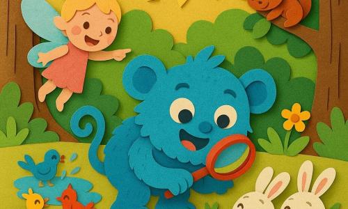 De hoofdfiguur is Bliksem, een klein blauw pluizig monstertje met grote ronde oren en een krulstaart, nieuwsgierig en blij, gehurkt met een rode vergrootglas om aanwijzingen op de grond te bekijken; links staat Lila, een roze elfje met glinsterende vleugels die lacht en naar een struik wijst als enthousiaste assistente; rechts zit een groep van drie witte, gevlekte konijntjes giechelend in een kring en laten een verborgen wortel zien; een klein rood eekhoorntje verstopt zich speels in een tak bovenaan met een pluimstaart die tussen de bladeren uitsteekt; kleurrijke vogels (blauw, geel, rood) tjilpen en spetteren bij een plas op de achtergrond; de plek is een bosopen plek met getextureerde boomstammen, grote groene struiken, vereenvoudigde bloemen en zonnestralen, de grond bedekt met bladeren en gras; het geheel toont een vrolijk speurtafereel waarin Bliksem met zijn vergrootglas sporen en voorwerpen onderzoekt terwijl zijn vrienden rond hem lachen, warme sfeer, felle kleuren, eenvoudige vormen en duidelijke contouren in de stijl van uitgeknipt papier.