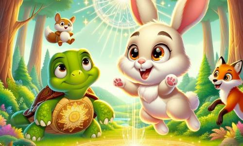 Ein kleiner Hase namens Hoppi mit einem weichen, seidigen cremefarbenen Fell, großen aufrechten Ohren und funkelnden neugierigen Augen springt fröhlich in einer hellen Waldlichtung mit einem breiten Lächeln auf seinem Gesicht. Neben ihm beobachtet eine weise Schildkröte mit einem grünen, blumenverzierten Panzer, einem wohlwollenden Blick und einem leichten Lächeln stolz die Szene. Ein schlauer Fuchs mit leuchtend rotem Fell und einem buschigen Schwanz tanzt um sie herum, seine Augen leuchten vor Aufregung. Der Ort ist eine wunderschöne Lichtung, getaucht in goldenes Licht, umgeben von majestätischen Bäumen mit strahlend grünen Blättern und bunten Blumen, die im Wind tanzen. Im Mittelpunkt der Szene leuchtet ein großer heller Kreis, ein Symbol ihrer Zeitreise, während Lichtblitze um sie herum funkeln. Die Hauptsituation zeigt Hoppi und seine Freunde, die eine große Feier vorbereiten, um alle Tiere des Waldes zu versammeln, voller Begeisterung und Freude, bereit, ihre Freundschaft und ihr Abenteuer zu feiern.