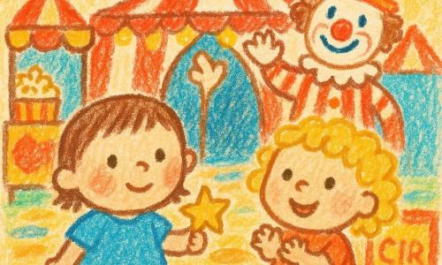 Ci sono tre personaggi: una bambina di circa un anno, Mila, capelli corti castani e guance rosate, tiene una stellina di carta nella mano destra a sinistra; una bambina di circa un anno, Nini, capelli biondi ricci e occhi ridenti, batte le mani a destra vicino a Mila; un uomo adulto, il clown, volto truccato di bianco con naso rosso tondo e costume a righe rosse e bianche, saluta dall’ingresso del circo dietro le bambine. Luogo: davanti all’ingresso di un circo colorato con tende rosse e bianche, luci gialle, il cartello 