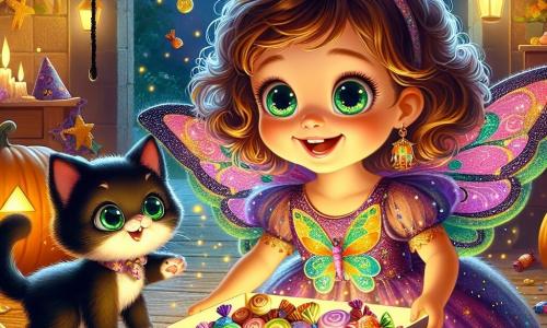 Una bambina di 4 anni, Sofia, con grandi occhi brillanti e capelli castani ricci, indossa un costume di farfalla colorato con ali scintillanti. Ha un sorriso meravigliato sul viso e tiene una grande scatola piena di caramelle colorate. Accanto a lei, un gattino nero di nome Nero, con occhi verdi scintillanti, sta in piedi sulle zampe posteriori, felice e curioso, pronto a esplorare. L'ambientazione è un'aula di scuola materna, decorata per Halloween con ragnatele nere, zucche intagliate con facce sorridenti e stelle dorate appese al soffitto. La luce soffusa crea un'atmosfera misteriosa e magica. Sofia e Nero scoprono insieme un tesoro di caramelle in una grande scatola illuminata da una dolce luce dorata, mentre le risate dei bambini risuonano intorno a loro, aggiungendo eccitazione a questa avventura di Halloween.