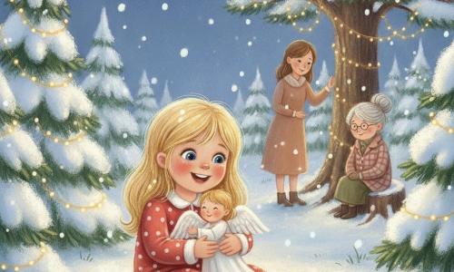 Bambina di 4 anni, gioiosa e sorridente, capelli biondi corti, occhi azzurri, in pigiama rosso a pois bianchi, culla dolcemente un piccolo angelo dalle ali bianche e soffici, corpo minuto da bambola e volto sereno che la guarda sorridendo; la madre di circa 30 anni, capelli castani, in un abito caldo, osserva con tenerezza vicino a un albero illuminato; la nonna di circa 70 anni, capelli grigi raccolti, cappotto a quadri, seduta su una ceppaia innevata, ascolta la ninnananna con un sorriso dolce; ambientazione in una radura forestale notturna coperta di neve, abeti scintillanti, fili di luci calde, cielo stellato e fiocchi che cadono lentamente; scena principale: la bambina seduta su un tappeto di neve morbida tra alberi di Natale illuminati che cullano l'angelo mentre le ghirlande illuminano i loro volti; palette morbida e calda in toni pastello (blu notte, crema, rosso tenue, verde abete), texture da pastello grasso visibili, contorni leggermente sfumati e atmosfera ovattata.