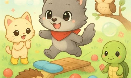 Luno, un pequeño lobo chibi de pelaje gris, grandes ojos redondos, pañuelo rojo y sonrisa decidida, salta sobre una tabla hecha de cojines como un funámbulo; Gata, gata chibi de pelaje crema y botas amarillas, a la izquierda aplaude y salta de alegría; Erizo, pequeño erizo chibi de púas marrón claro, asustado y luego aliviado, atrapado entre bolas de colores y estirando la pata hacia Luno; Señora Tortuga chibi con caparazón verde sostiene una flor y sonríe tranquilamente al fondo a la derecha; Señor Búho chibi de plumaje marrón y crema, ojos sabios, posado en una rama baja y guiña el ojo; pradera luminosa de hierbas pastel y césped verde menta, filas de bolas rebotantes multicolores, pasarela improvisada de tablas y cojines y burbujas translúcidas flotando arriba; situación: desafío lúdico — Luno atraviesa el prado sin tocar las bolas y ayuda al erizo guiándolo con una pluma de colores en una atmósfera alegre, colaborativa y soleada con confeti floral flotante.