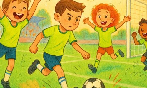 Main girl (Mia, ~11): determined smiling face, light brown ponytail, lime-green jersey, navy shorts, whistling and jumping on the sideline with arms raised, lively encouraging expression; secondary boy (Jesse, ~12): fast player, fair skin, short brown hair, lime-green jersey, running toward goal striking the ball at center field; secondary girl (Emma, ~11): curly red hair, lime-green jersey just behind Jesse with arms out as if signaling, victorious after passing; secondary boy (Sam, ~12): midfielder with olive skin, lime-green shirt celebrating near center line watching Jesse; setting: large bright green grass field with clean white lines, white goals, stands of colorful silhouettes, blue sky with soft clouds and distant trees; moment: final play—Jesse’s shot as keeper dives, spray of turf and dynamic motion, imminent victory feel; graphic style: saturated colors, soft outlines, pencil and light watercolor textures, playful doodles (stars, speed lines, hearts), warm sunset light.
