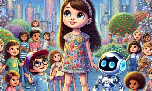 Ein 7-jähriges Mädchen, Mia, mit langen braunen Haaren und neugierigen, funkelnden Augen, steht im Mittelpunkt der Szene und lächelt voller Staunen, während sie eine futuristische Stadt entdeckt. Sie trägt ein buntes Kleid mit Blumenmustern und glänzende Turnschuhe. An ihrer Seite begleitet sie ein kleiner Roboter namens Robo, mit einem silbernen Körper und großen leuchtenden Augen, der lächelt und gestikuliert, um ihr die Wunder der Stadt zu zeigen. Im Hintergrund spielen Kinder unterschiedlichen Alters, darunter ein 8-jähriger Junge mit Brille und Mütze, mit bunten Robotern, während ein 6-jähriges Mädchen mit lockigem Haar mit einem Roboterhund spielt. Der Ort ist eine futuristische Stadt, gefüllt mit schimmernden Glashochhäusern, schwebenden Parks zwischen den Gebäuden und fliegenden Autos, die den blauen Himmel durchqueren. Bäume mit leuchtenden Blättern und mehrfarbige Blumen verschönern die Landschaft und schaffen eine magische Atmosphäre. Die Hauptsituation zeigt Mia und Robo, die zusammen einen schwebenden Markt entdecken, wo Stände mit leuchtenden Früchten und Gemüse in der Luft schweben, während lächelnde Roboter köstliche Gerichte an staunende Passanten servieren.