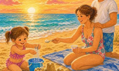 Menina de 4 anos, alegre e concentrada, cabelos castanhos em rabo, pele clara com areia nos joelhos, segura um balde azul e o enche de água rindo enquanto constrói um pequeno castelo de areia, deixando a água escorrer entre os dedos, expressão orgulhosa e doce; mãe (~30 anos), sorridente, cabelo preso, veste maiô floral, sentada em toalha com golfinhos, oferece uma colher de iogurte; pai (~32 anos), calmo e protetor, barba rala, camiseta branca, em pé atrás com a mão no ombro da mãe olhando para o mar; praia de areia fina dourada com conchas e uma concha branca perto do balde, ondas azul-turquesa suaves, céu alaranjado de fim de tarde com nuvens rosadas; ambiente caloroso e sereno, texturas e cores pastel saturadas, luz morna do pôr do sol.