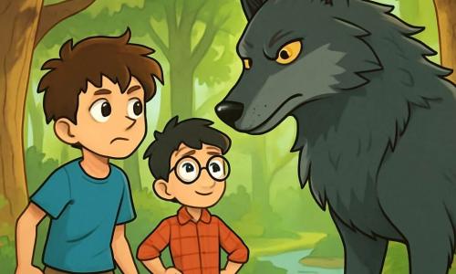 Há 3 personagens: Tomé, um garoto de 11 anos com cabelos castanhos bagunçados e olhos curiosos, vestido com uma camiseta azul e um short bege, à esquerda, olhando para o lobo com uma expressão determinada e um pouco assustada; Miguel, também de 11 anos, com cabelos negros e óculos redondos que escorregam pelo nariz, usando uma camisa xadrez vermelha e calças verdes, à direita de Tomé, com as mãos na cintura e uma expressão corajosa; e o Grande Lobo, uma criatura majestosa com pelagem cinza escura e olhos brilhantes, no centro, inclinado levemente para os meninos, como se estivesse ouvindo suas palavras. A cena se passa em uma floresta densa, com grandes árvores e folhas verdes brilhantes, onde raios de sol criam padrões de luz e sombra no chão coberto de folhas secas. Um riacho murmura ao longe, trazendo uma atmosfera tranquila. Tomé e Miguel estão diante do Grande Lobo, que os observa com curiosidade. Apesar do nervosismo, os meninos demonstram determinação, prontos para enfrentar seus medos e descobrir a verdade por trás da lenda do lobo, criando uma atmosfera tensa e mágica, cheia de promessas de aventura e descoberta.