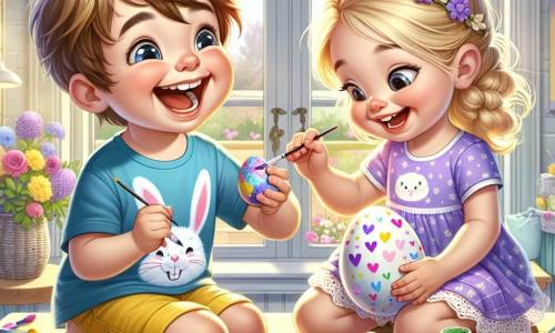 A 6-year-old boy, Oliver, with messy brown hair and sparkling eyes, is painting colorful Easter eggs on a large table. He wears a blue t-shirt with bunny patterns and yellow shorts. Next to him, his 4-year-old sister Lily, with braided blonde hair and a radiant smile, is painting a pink egg with purple hearts while sitting on a small chair, focused on her work. The setting is a bright and welcoming room with sunlight streaming through the windows, colorful flowers on the sill, and scattered paint pots around them. On the table, shiny white eggs await decoration. The main scene shows Oliver and Lily, surrounded by laughter and colors, engaged in the creative and exciting activity of decorating Easter eggs for the surprise they are preparing for the next day.