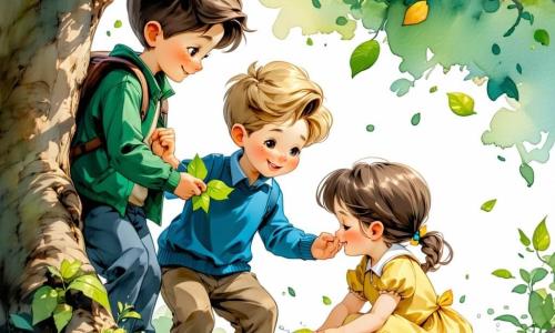 Hay tres niños de unos 5 años: Léo (pelo corto castaño, chaqueta verde) a la izquierda tocando una pequeña hoja brillante en el tronco de un árbol; Tomi (pelo rubio rizado, suéter azul) en el centro sonriendo y salpicando suavemente un charco que refleja el cielo; Dani (pelo castaño claro en dos trenzas, vestido amarillo) a la derecha agachada oliendo una flor amarilla. Están en un parque primaveral con hierba verde, un gran árbol con brotes, una rama baja con un pajarito marrón cantando, un banco de madera y una nube blanca, explorando la primavera con colores luminosos, trazos sencillos y expresiones suaves.
