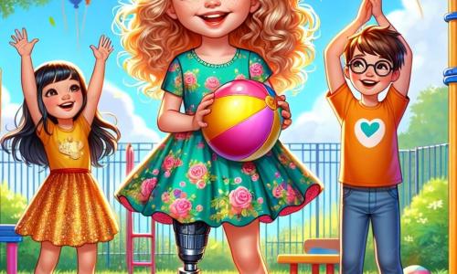 Uma menina de 6 anos, Sofia, com cabelos cacheados e dourados, sorri entusiasticamente enquanto segura uma bola colorida. Ela veste um lindo vestido florido e usa uma prótese na perna, que lhe dá uma aparência dinâmica. Seus olhos brilham de alegria e determinação enquanto se prepara para brincar com os amigos. Ao lado dela está um menino de 6 anos, Lucas, com cabelos castanhos e óculos redondos. Ele sorri e a incentiva, levantando os braços para cima com empolgação. Um pouco mais longe, uma menina de 6 anos, Emma, com cabelos lisos e pretos, aplaude sorrindo, vestindo uma camiseta colorida e uma saia brilhante. A cena acontece em um pátio escolar ensolarado, cercado por grandes árvores verdes e brinquedos coloridos. Balões flutuam no ar, e risadas de crianças ecoam ao redor. Sofia se prepara para participar de uma corrida com os amigos, mostrando sua força e alegria de viver, pronta para enfrentar o desafio e se divertir, cercada de apoio e amizade.