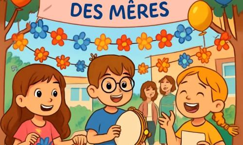 Există 3 personaje: - Ana: o fată de 10 ani, cu părul lung ondulat și ochi strălucitori. Poartă o rochie roz cu flori și ține o ghirlandă din flori de hârtie. - Mihai: un băiat de 10 ani, cu părul castaniu deschis și ochelari rotunzi. Este îmbrăcat cu un tricou albastru și o pereche de pantaloni scurți bej, ținând un tamburin, pregătit să cânte. - Ioana: o fată de 10 ani, cu părul blond împletit și un zâmbet strălucitor. Poartă o fustă verde și un tricou galben, recitând cu entuziasm o poezie. Cei trei prieteni sunt adunați în centrul unei curți de școală însorite, înconjurați de flori colorate din hârtie agățate de copaci. Baloane plutesc în aer, iar un banner mare din hârtie indică 